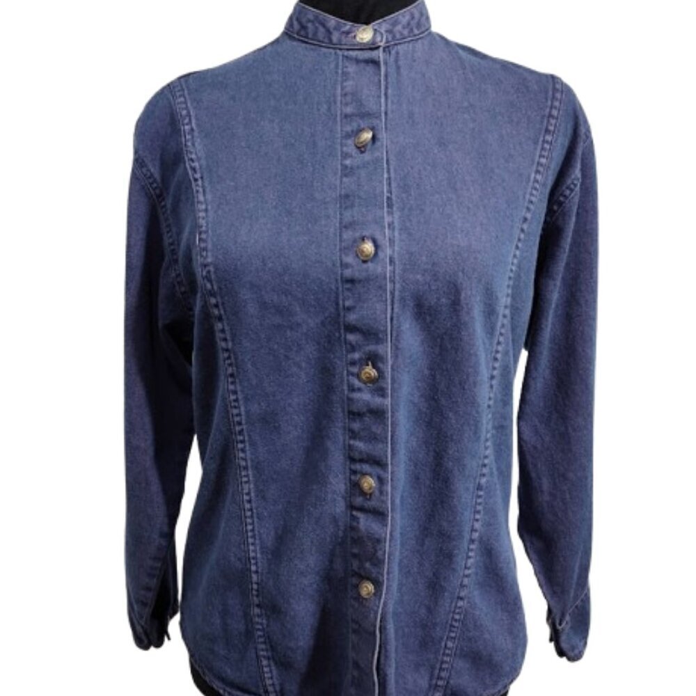 Western Wear for Women Wrangle Demin Blue and Pink Button Down Shirt Size Small